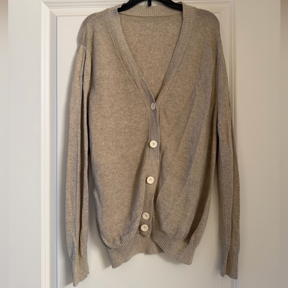 Light Beige Button-Front V-Neck Cardigan